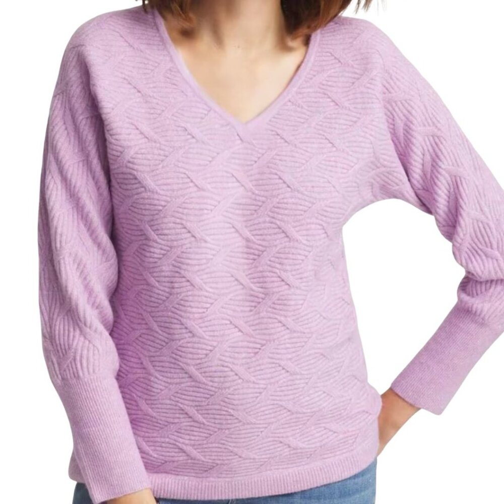 Chicos Pastel Purple Cable Knit Wool Blend Spring Sweater V-Neck Size Large